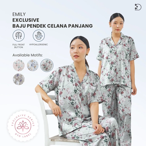 Image of Emily Piyama Exclusive Series Baju Pendek & Celana Panjang - DYD Label - One Set Bahan Organic Silk