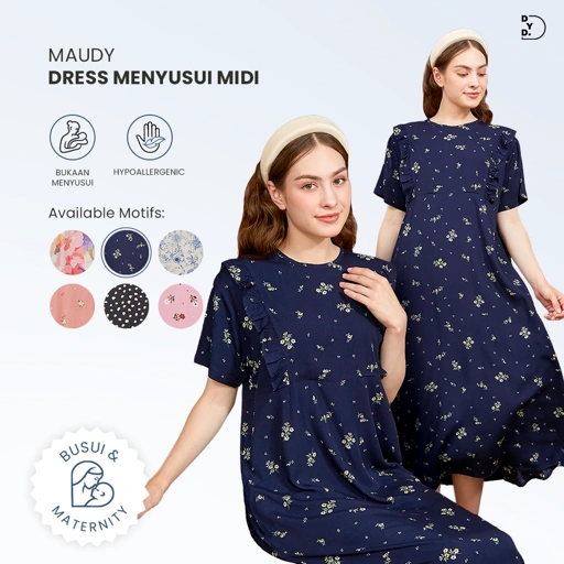 Image of DYD LABEL Maudy Midi Dress Menyusui Ruffle Dress Wanita Baju Menyusui Premium Bukaan Samping Busui Friendly Bahan Rayon Fit to XL