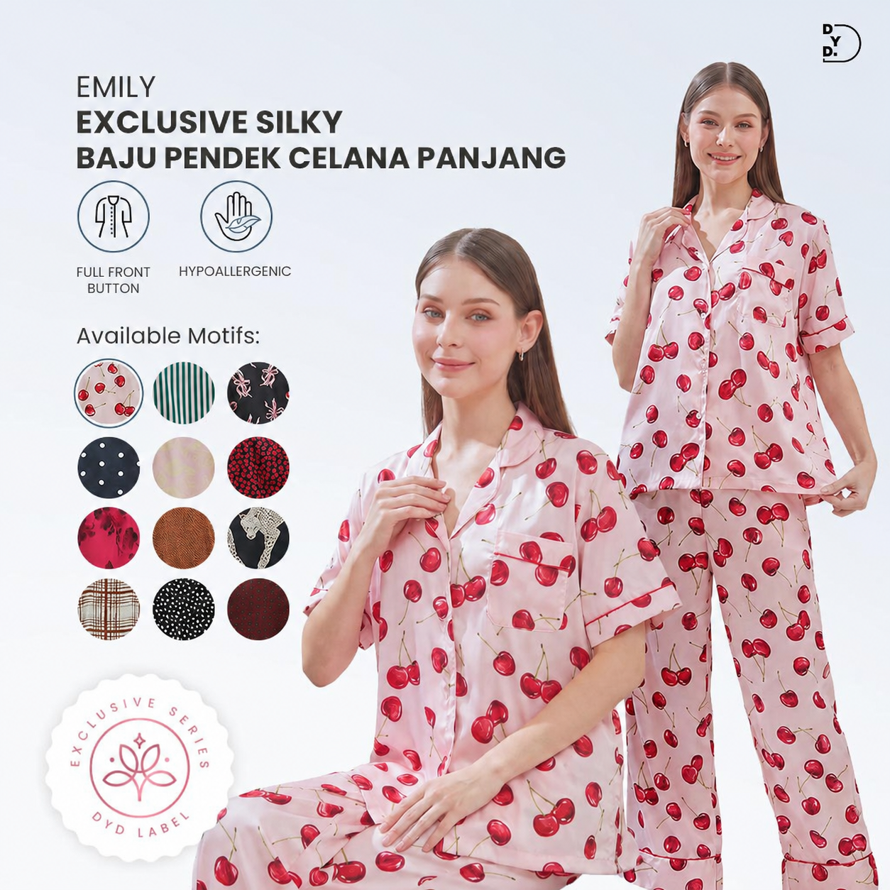 Emily Piyama Exclusive Silky Series Baju Pendek & Celana Panjang - DYD Label - One Set Bahan Silk