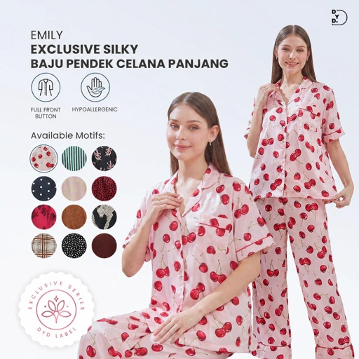 Emily Piyama Exclusive Silky Series Baju Pendek & Celana Panjang - DYD Label - One Set Bahan Silk