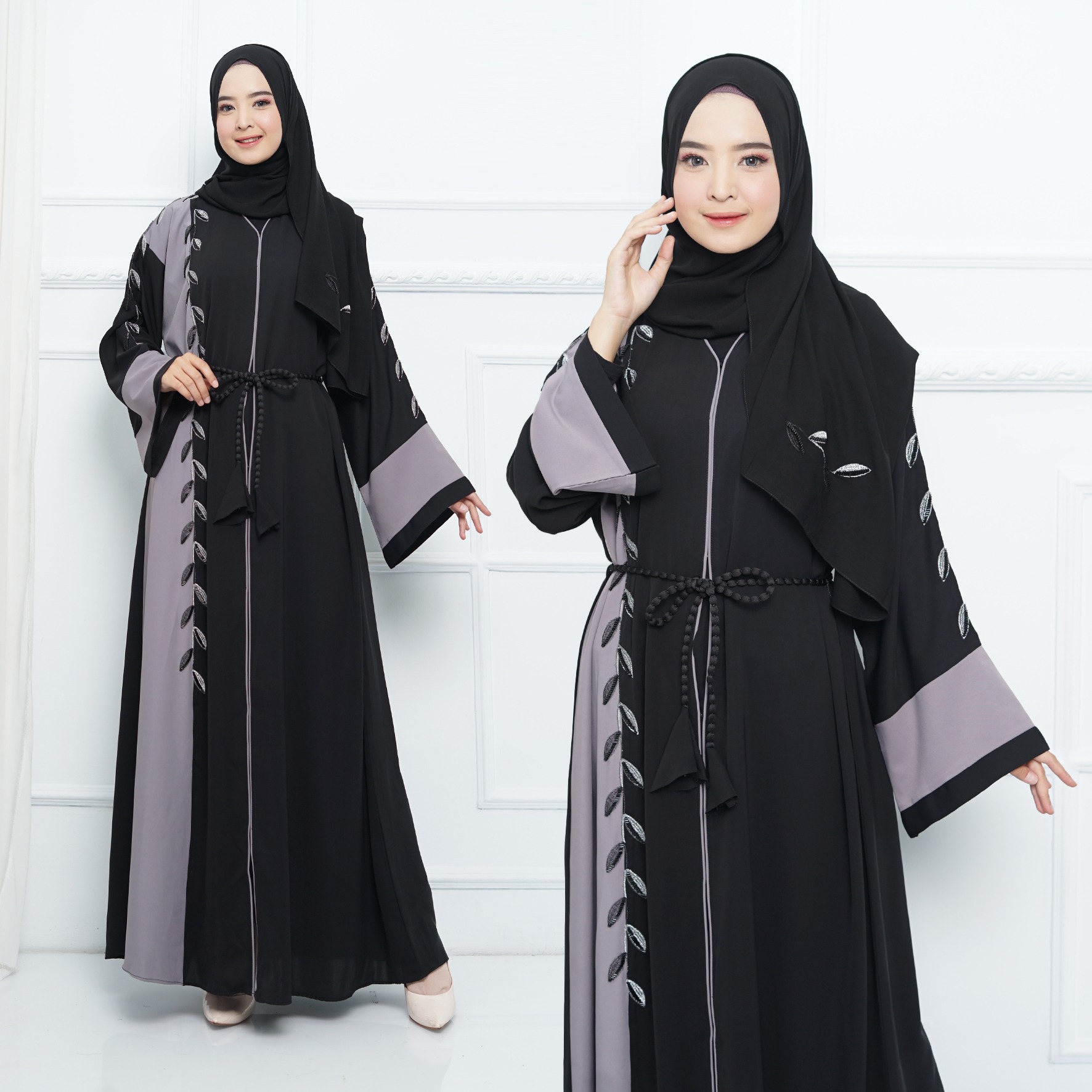 Abaya Import Gamis Arab Daun Setangkai Abu - Mareebaya