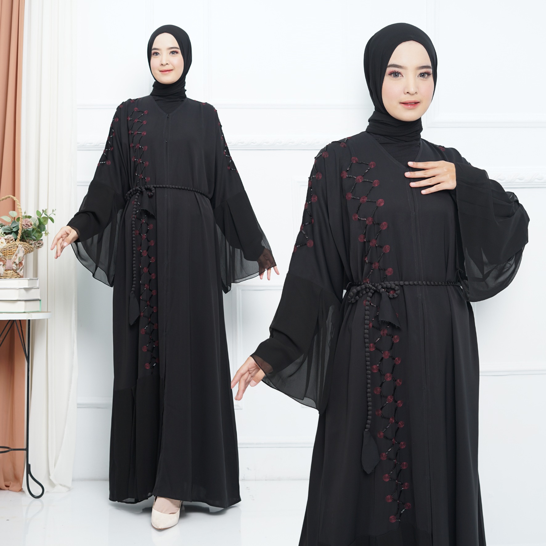 Abaya Import Gamis Arab Payet Silang Maroon - Mareebaya