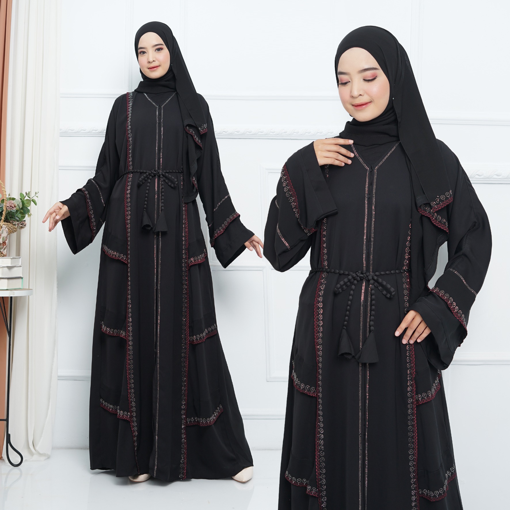 Abaya Import Gamis Arab Payet Tingkat Maroon - Mareebaya