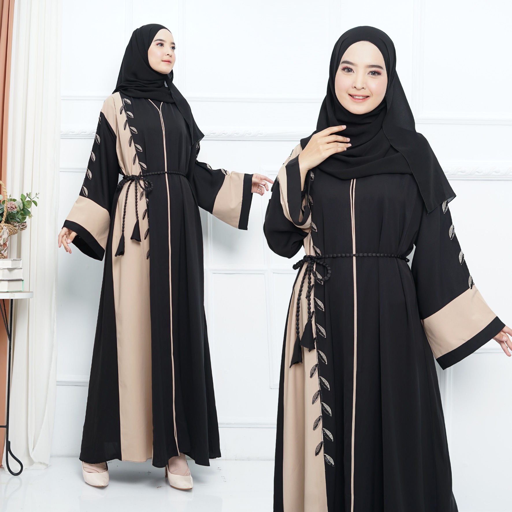 Abaya Import Gamis Arab Payet Daun Setangkai Cream - Mareebaya