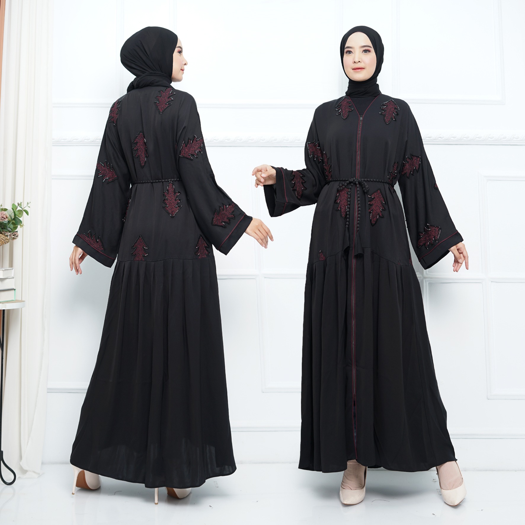 Abaya Import Gamis Arab Payet Daun Gugur Sehelai Maroon - Mareebaya