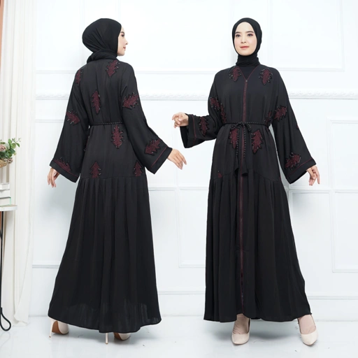 Image of Abaya Import Gamis Arab Payet Daun Gugur Sehelai Maroon - Mareebaya