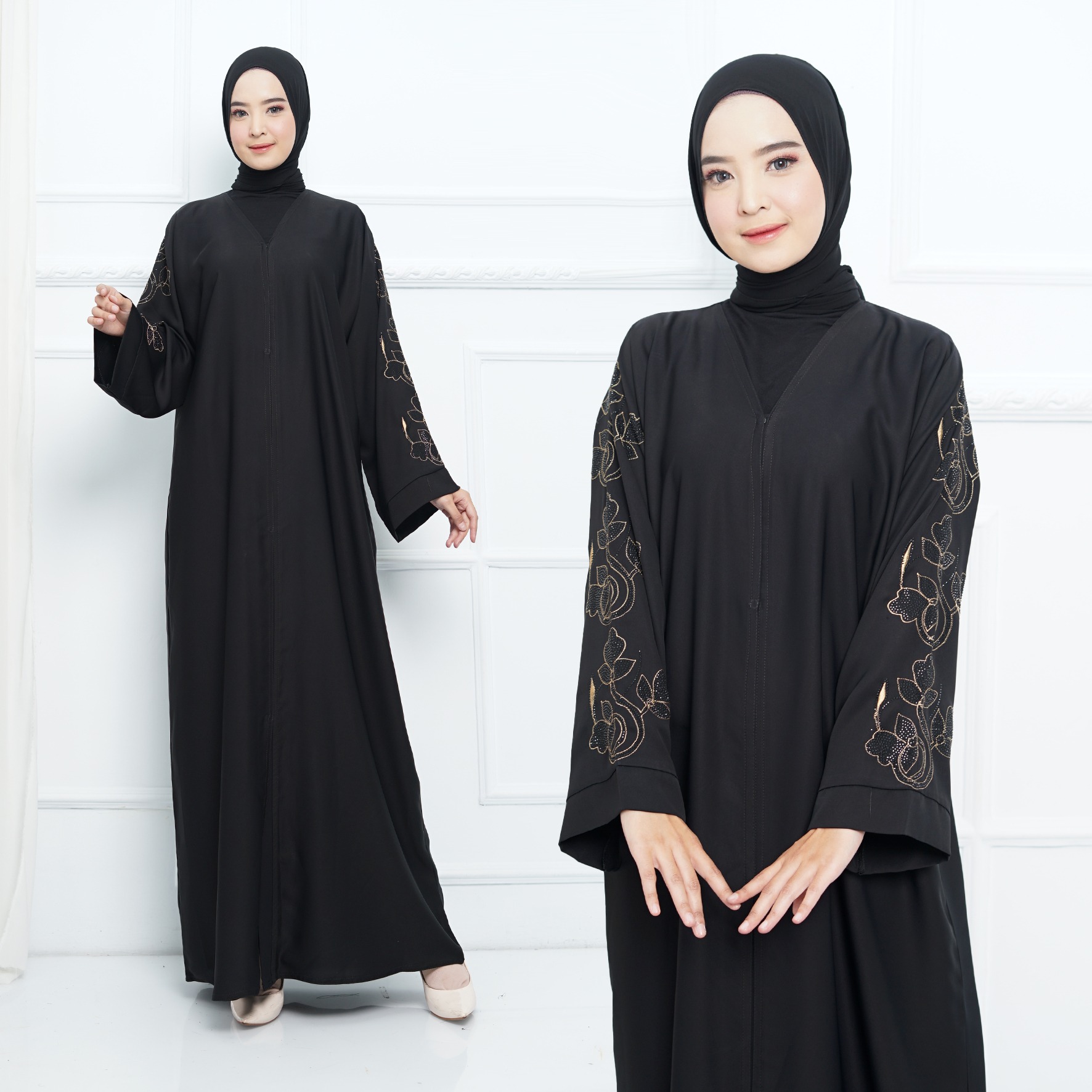 Abaya Import Gamis Arab Payet Bunga Tangan Gold - Mareebaya