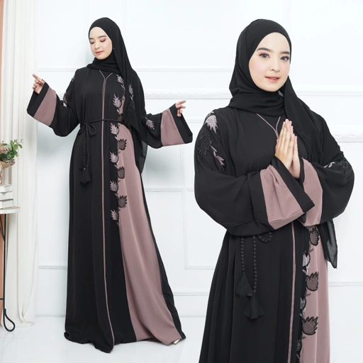 Image of Abaya Import Gamis Arab Payet Daun Gugur Setangkai Moca - Mareebaya