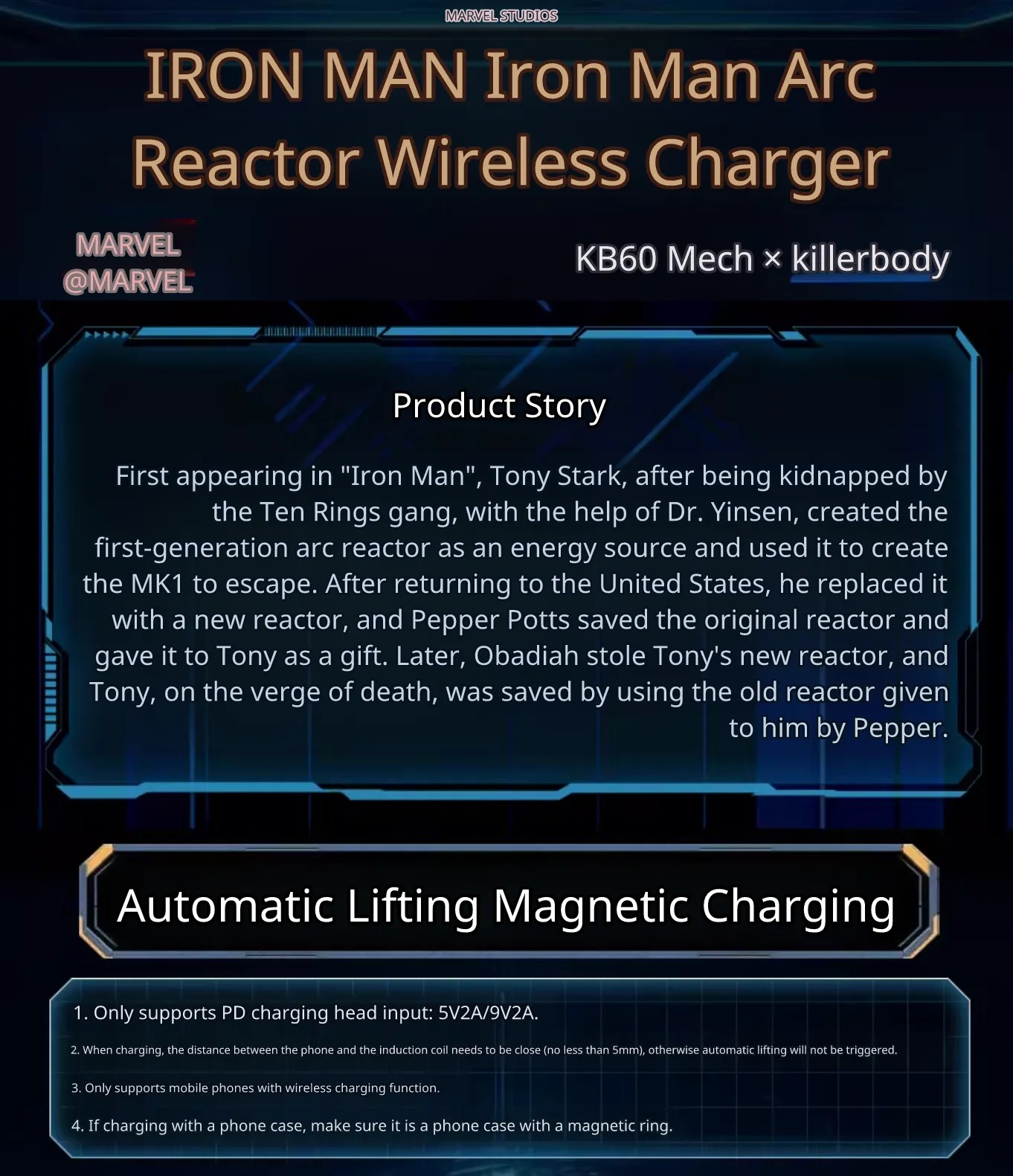 2026 Marvel Iron Man Chest Arc Reactor Alloy Base Magnetic Wireless Charging