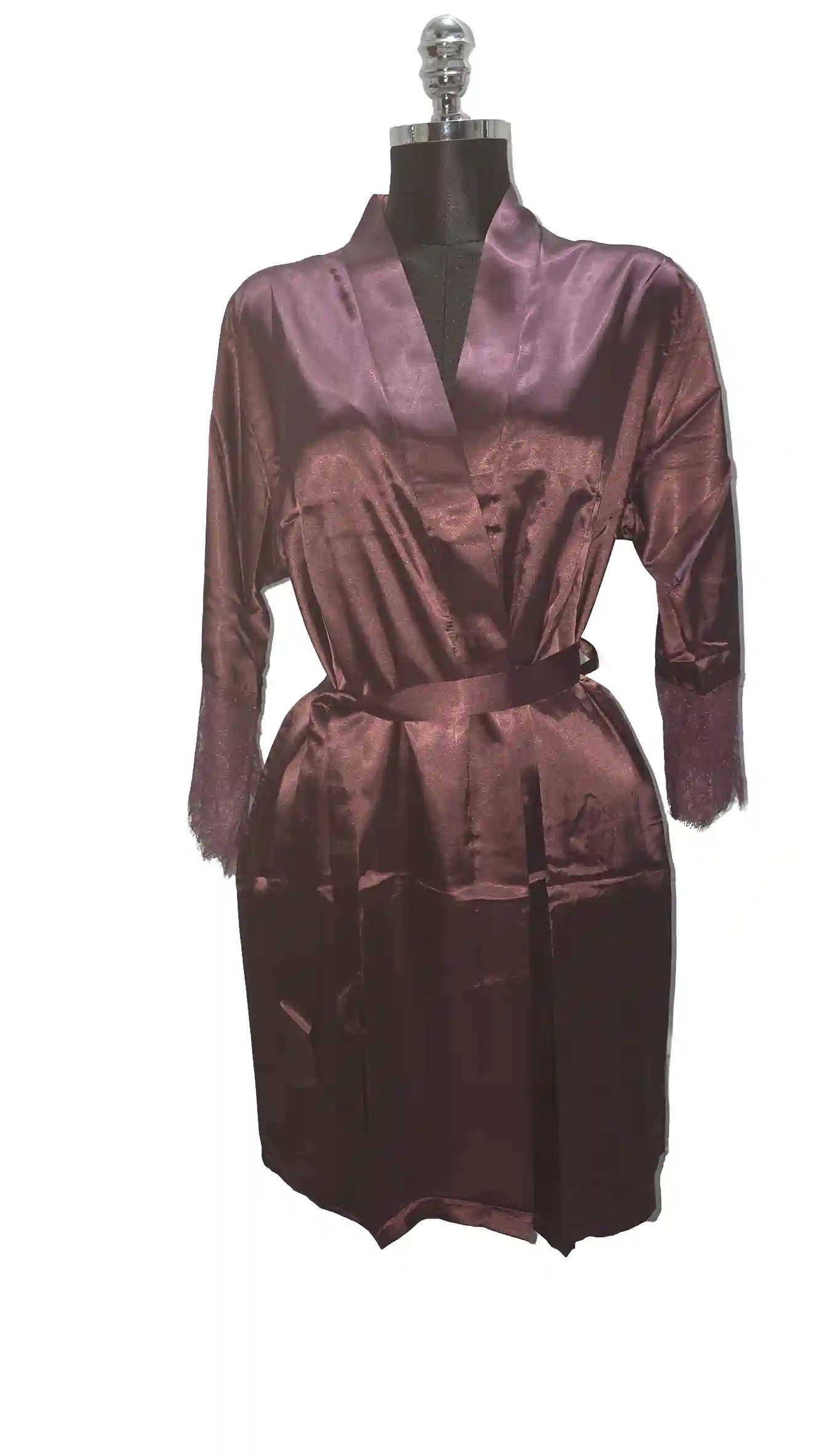Luxe Maroon Chocolate Satin 2-Piece Sleepwear Set | Slip Dress & Robe with Lace Cuffs | Elegant Nightwear