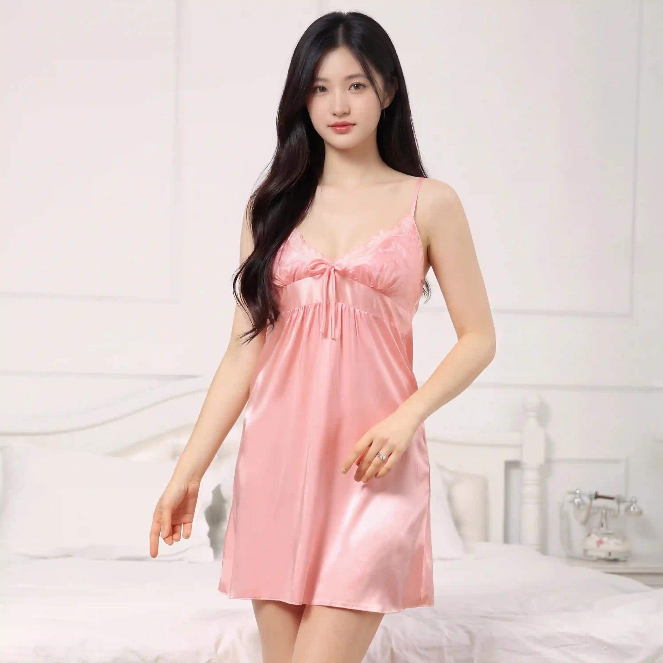 Elegant Satin Slip Dress with Lace V-Neck | Women's Luxury Sleepwear & Nightgown