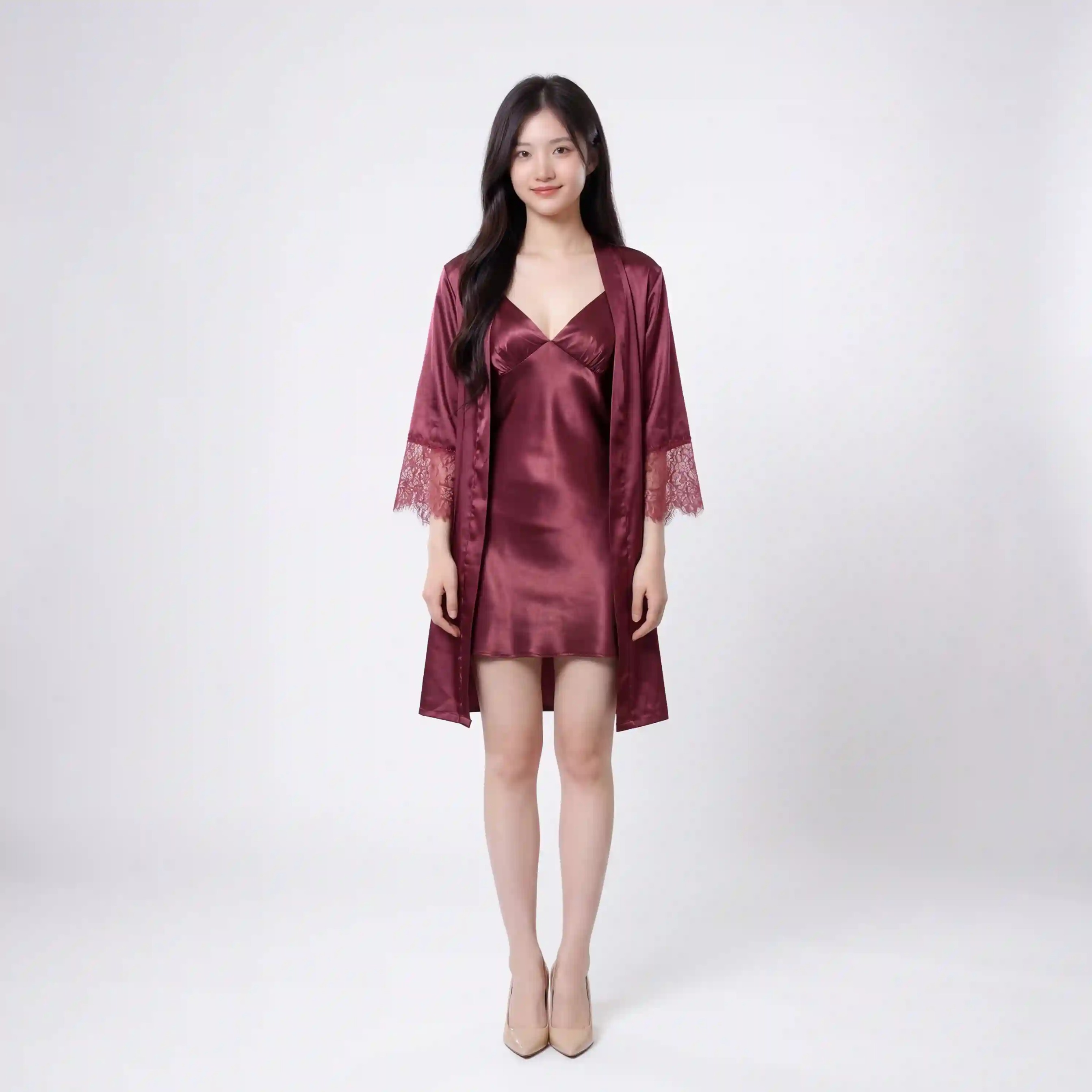 Luxe Maroon Chocolate Satin 2-Piece Sleepwear Set | Slip Dress & Robe with Lace Cuffs | Elegant Nightwear