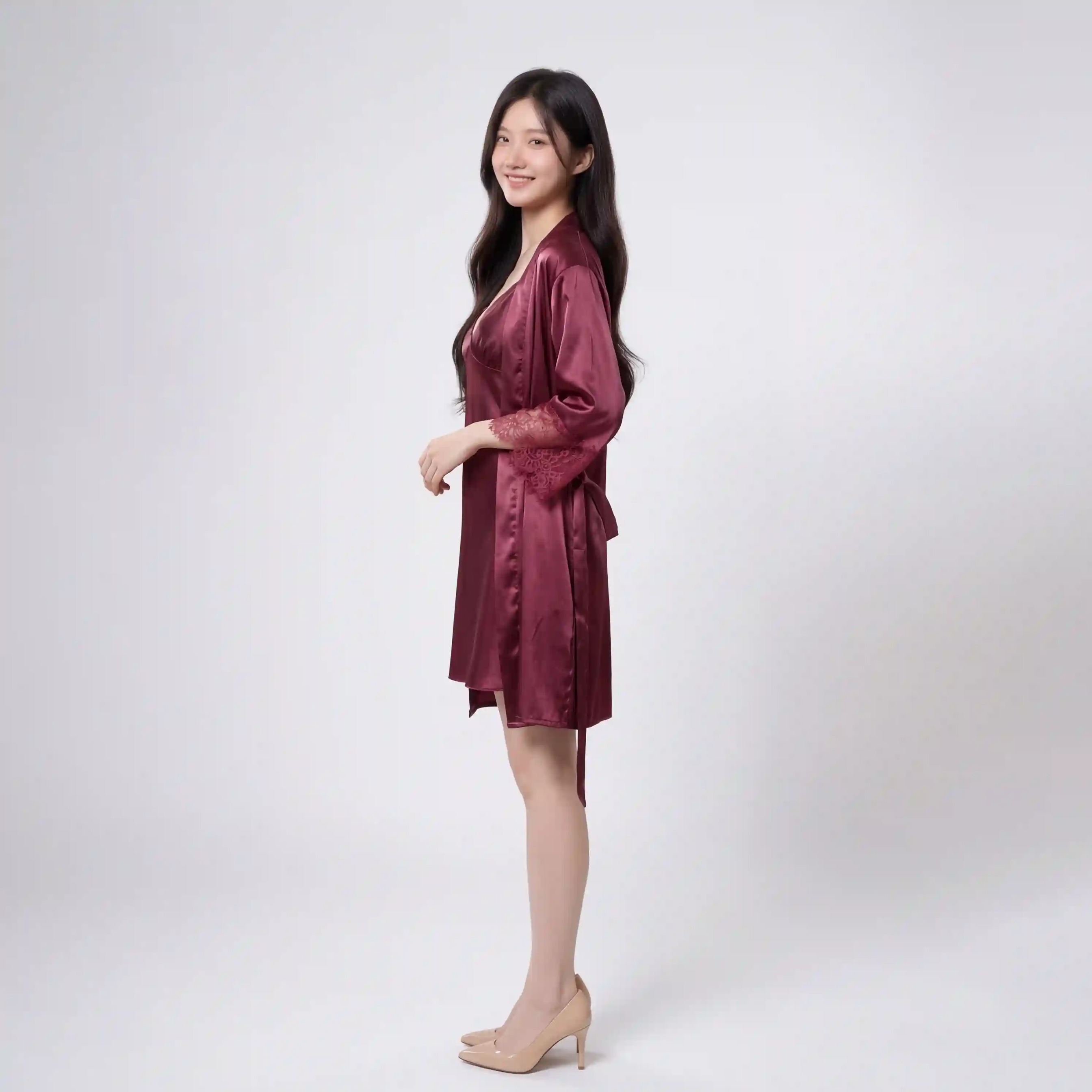 Luxe Maroon Chocolate Satin 2-Piece Sleepwear Set | Slip Dress & Robe with Lace Cuffs | Elegant Nightwear