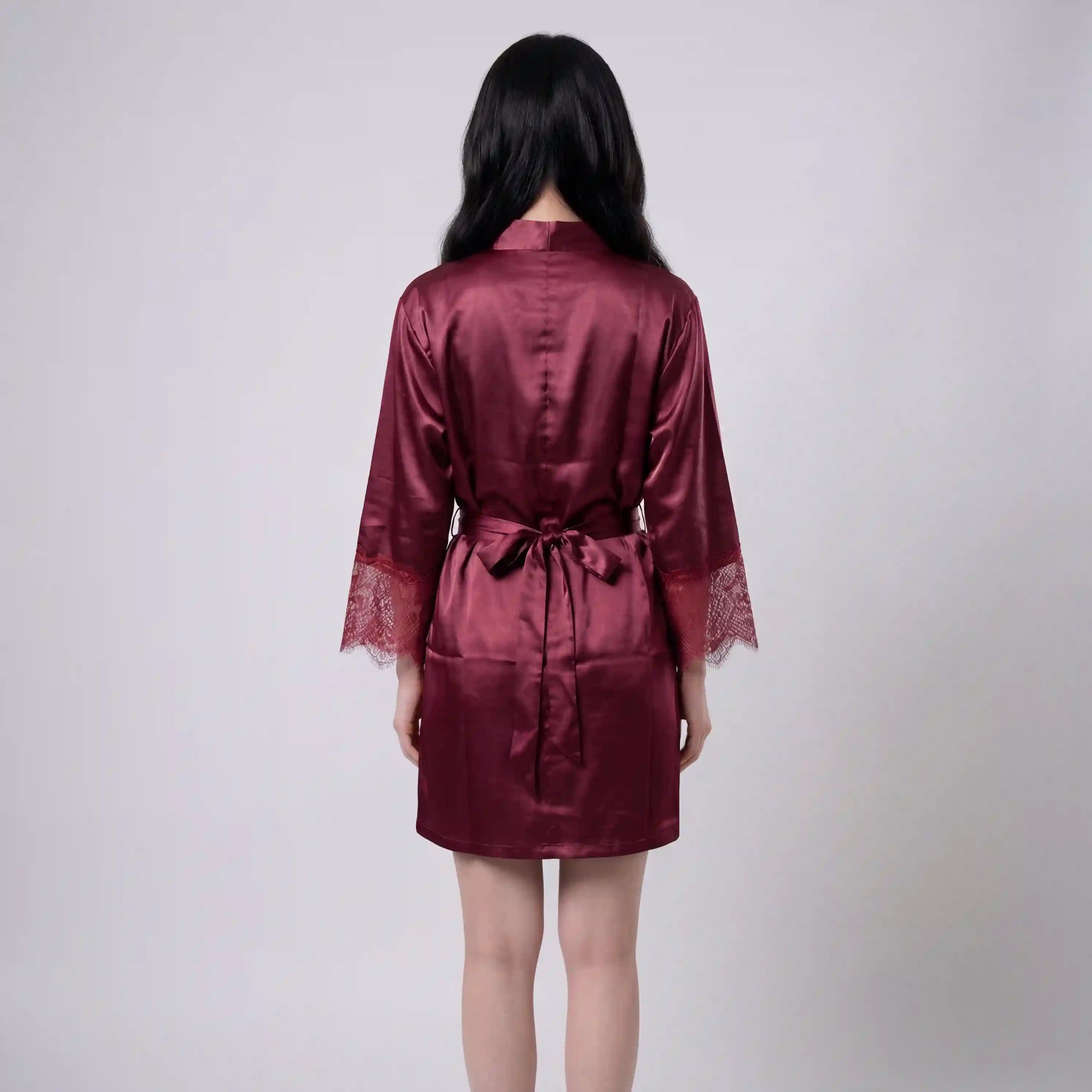 Luxe Maroon Chocolate Satin 2-Piece Sleepwear Set | Slip Dress & Robe with Lace Cuffs | Elegant Nightwear