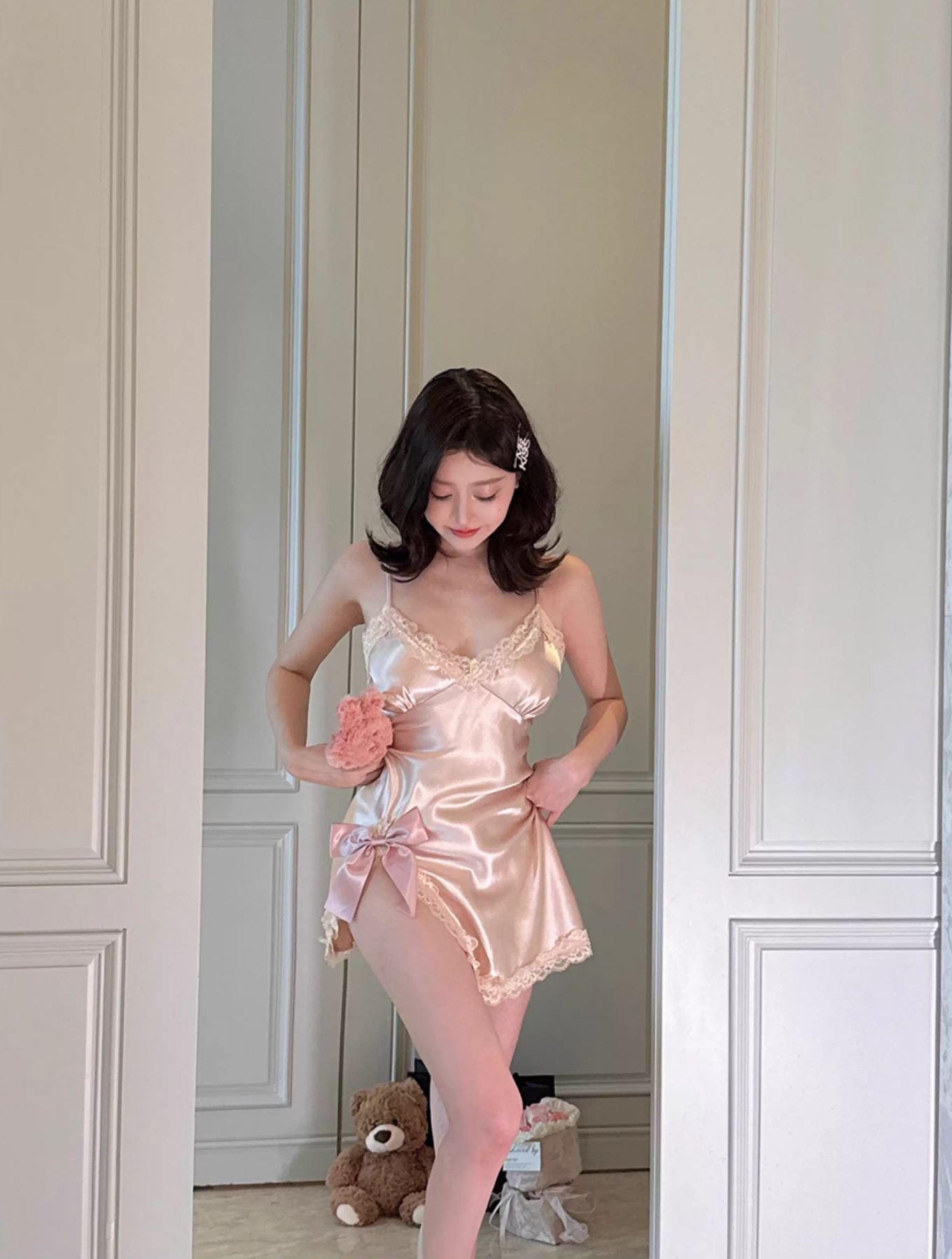Premium Silky Glossy Satin Temperament Sexy Ribbon Slit Pure and Alluring Nightgown