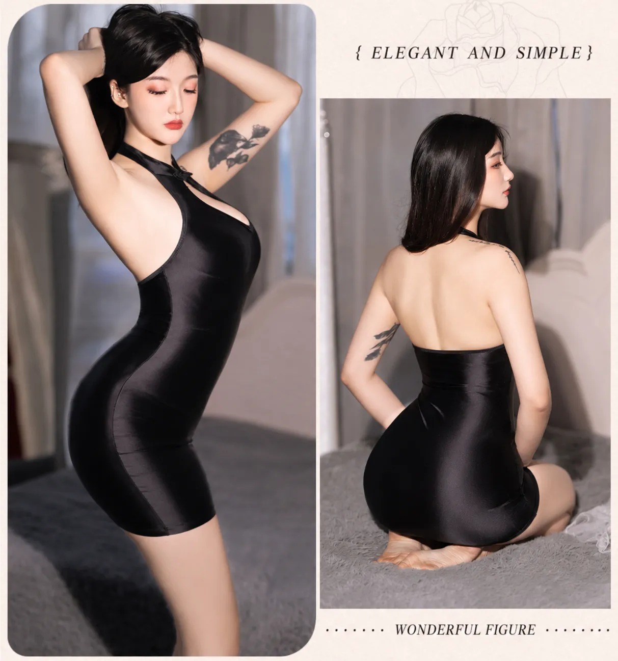 Glossy Milk Silky Tight-Fit Halter Mini Dress - Desire & Temptation Sexy Bodycon