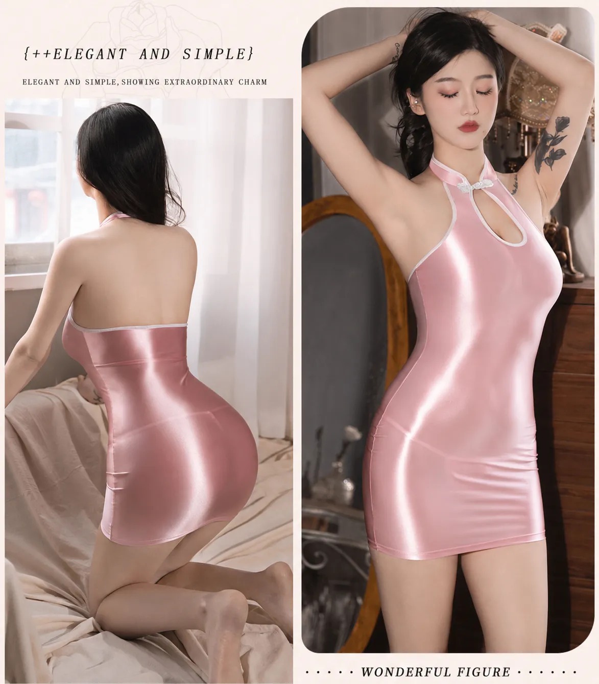 Glossy Milk Silky Tight-Fit Halter Mini Dress - Desire & Temptation Sexy Bodycon