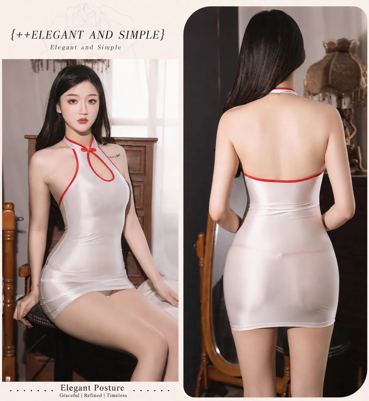 Glossy Milk Silky Tight-Fit Halter Mini Dress - Desire & Temptation Sexy Bodycon