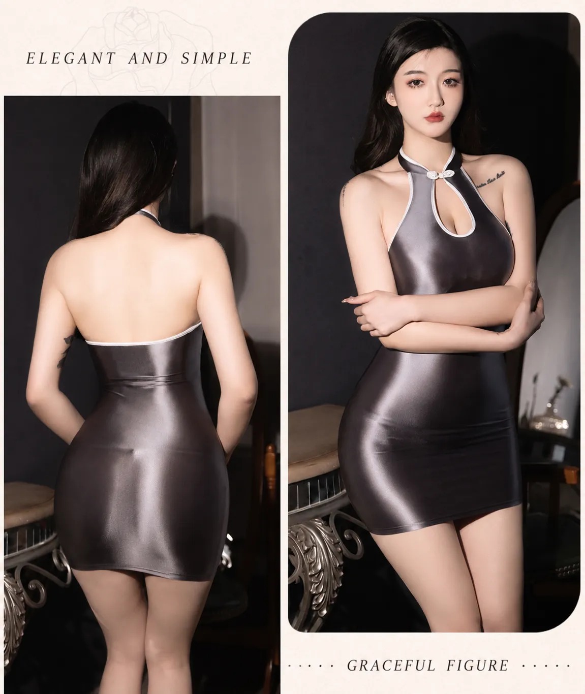 Glossy Milk Silky Tight-Fit Halter Mini Dress - Desire & Temptation Sexy Bodycon