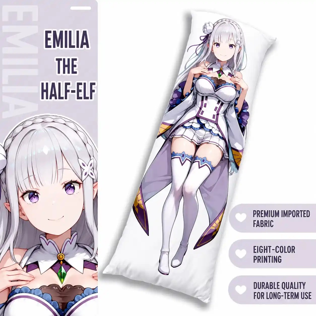 Dakimakura Anime Art Emilia - Re:Zero Kara Hajimeru Isekai Seikatsu Pillow Cover Only Premium Version By Otaku Kingdom