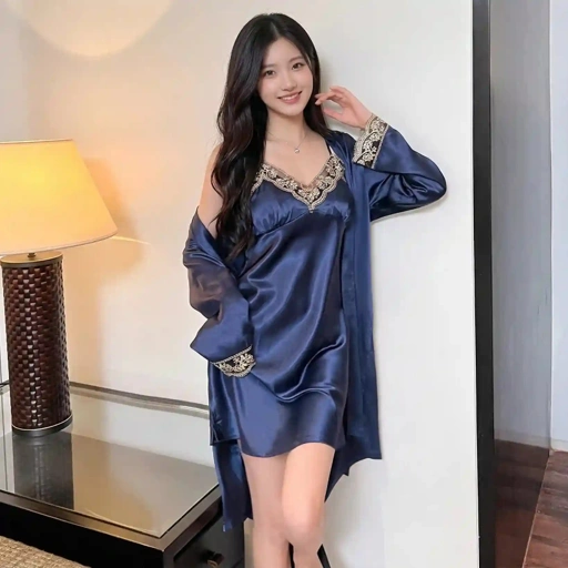 Image of Elegant Navy Blue Satin 2-Piece Sleepwear Set | Lace V-Neck Slip Dress & Matching Robe | Luxury Nightwear