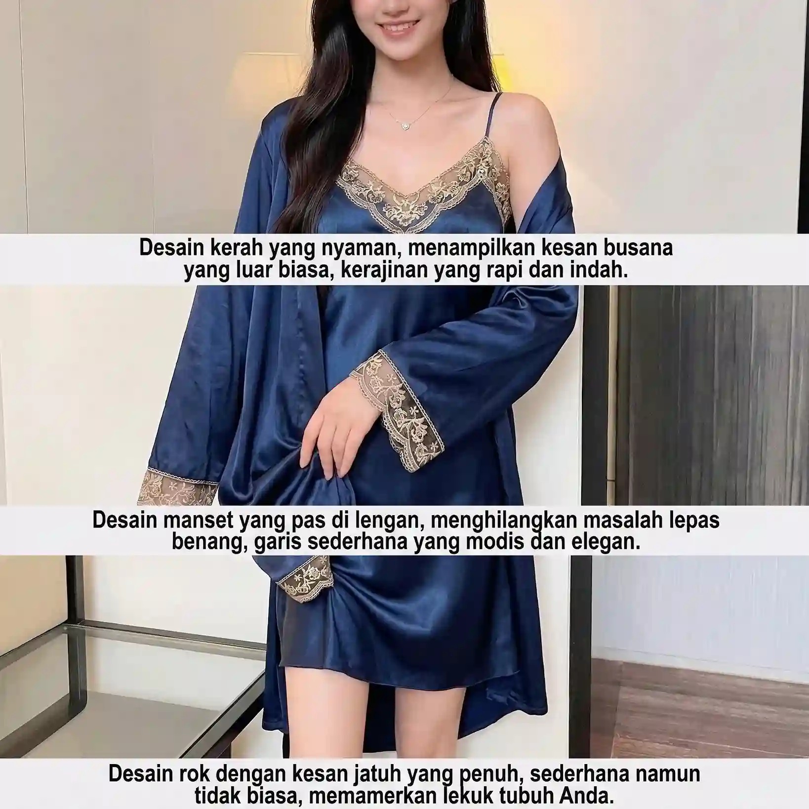 Elegant Navy Blue Satin 2-Piece Sleepwear Set | Lace V-Neck Slip Dress & Matching Robe | Luxury Nightwear