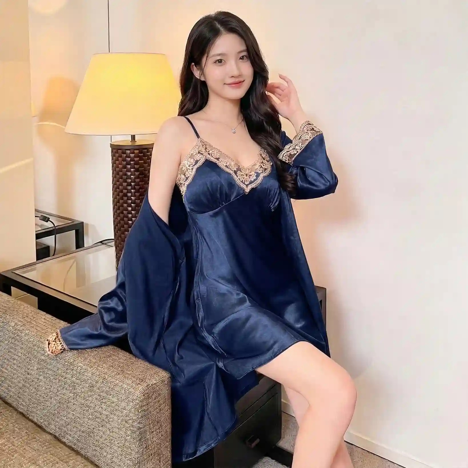 Elegant Navy Blue Satin 2-Piece Sleepwear Set | Lace V-Neck Slip Dress & Matching Robe | Luxury Nightwear