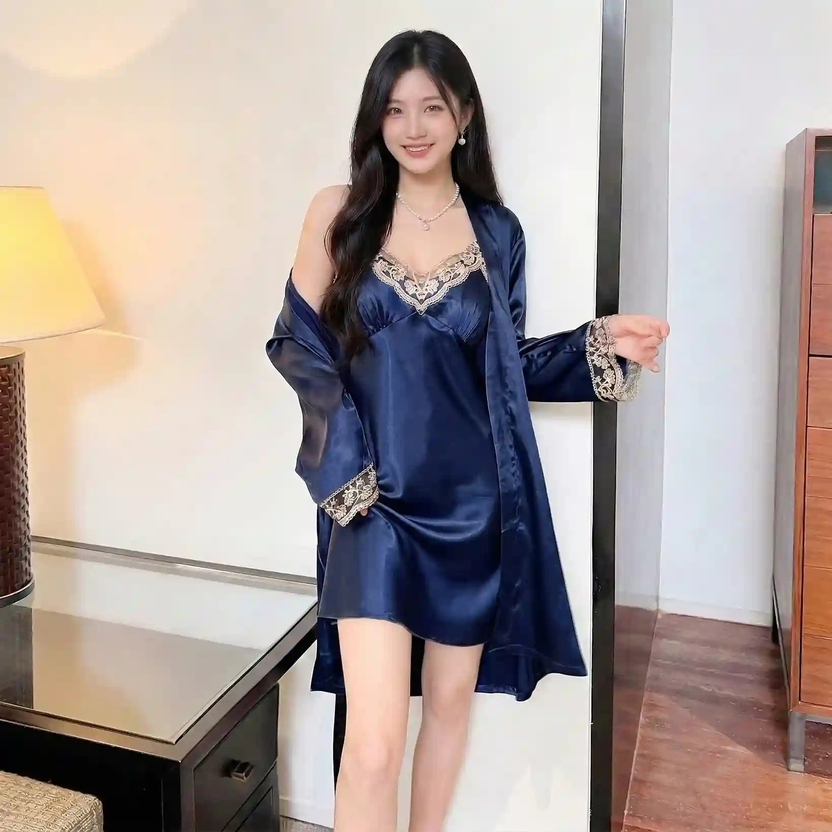 Elegant Navy Blue Satin 2-Piece Sleepwear Set | Lace V-Neck Slip Dress & Matching Robe | Luxury Nightwear