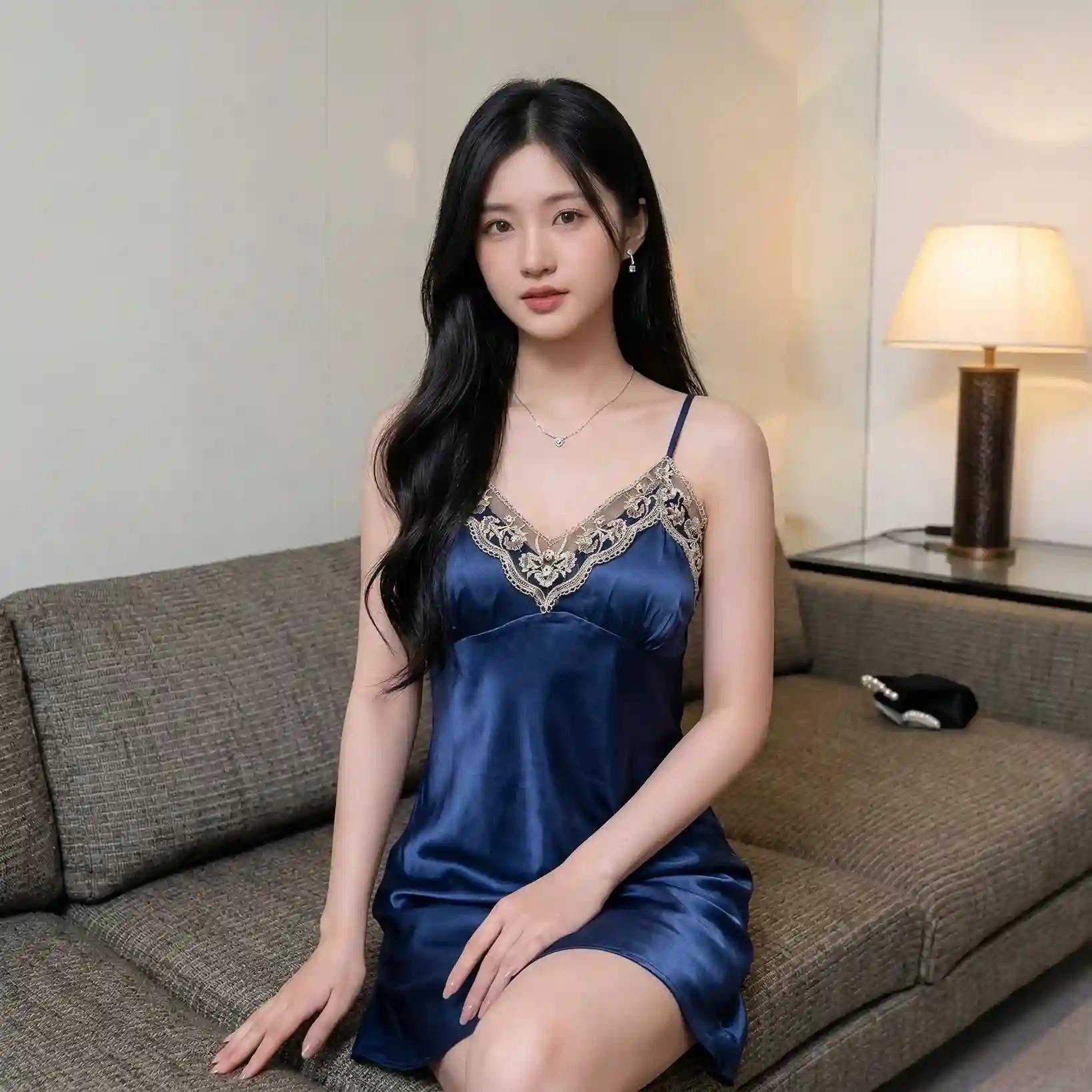 Elegant Navy Blue Satin 2-Piece Sleepwear Set | Lace V-Neck Slip Dress & Matching Robe | Luxury Nightwear