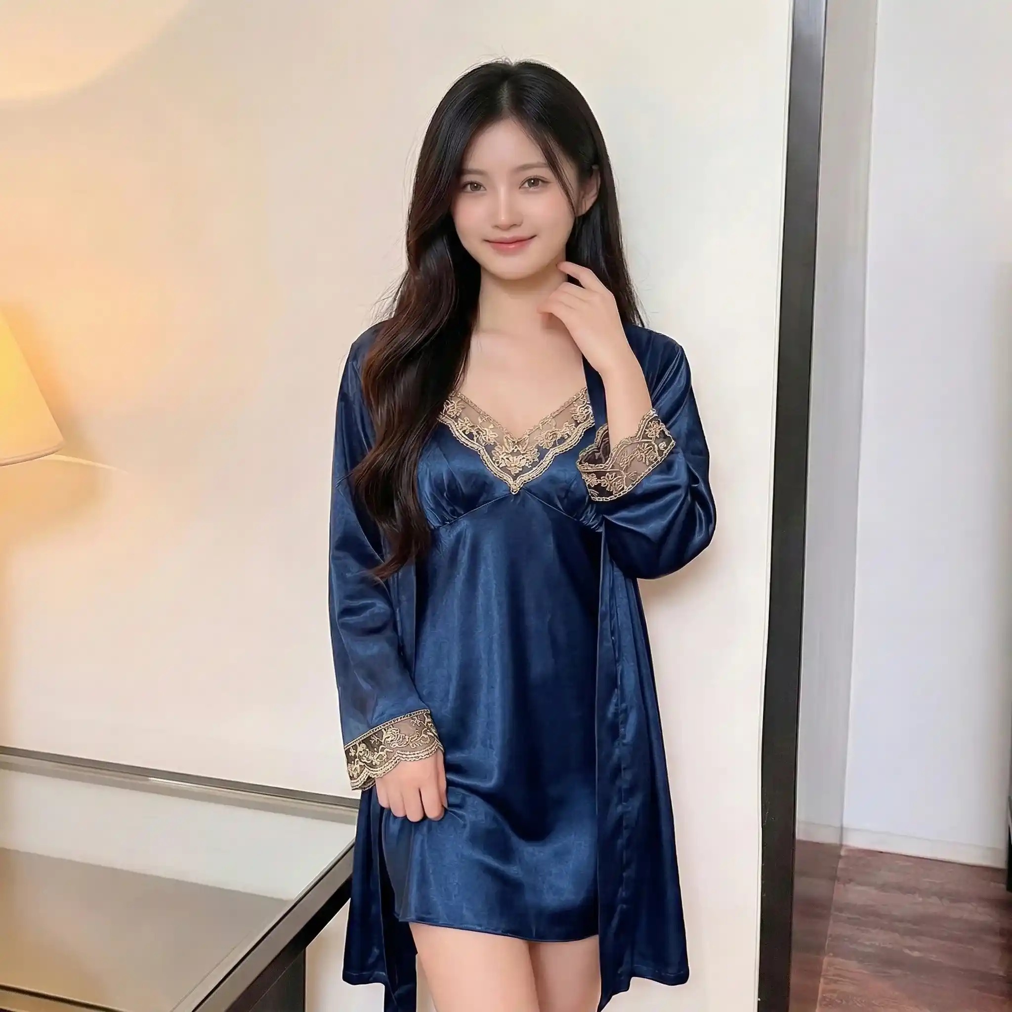 Elegant Navy Blue Satin 2-Piece Sleepwear Set | Lace V-Neck Slip Dress & Matching Robe | Luxury Nightwear