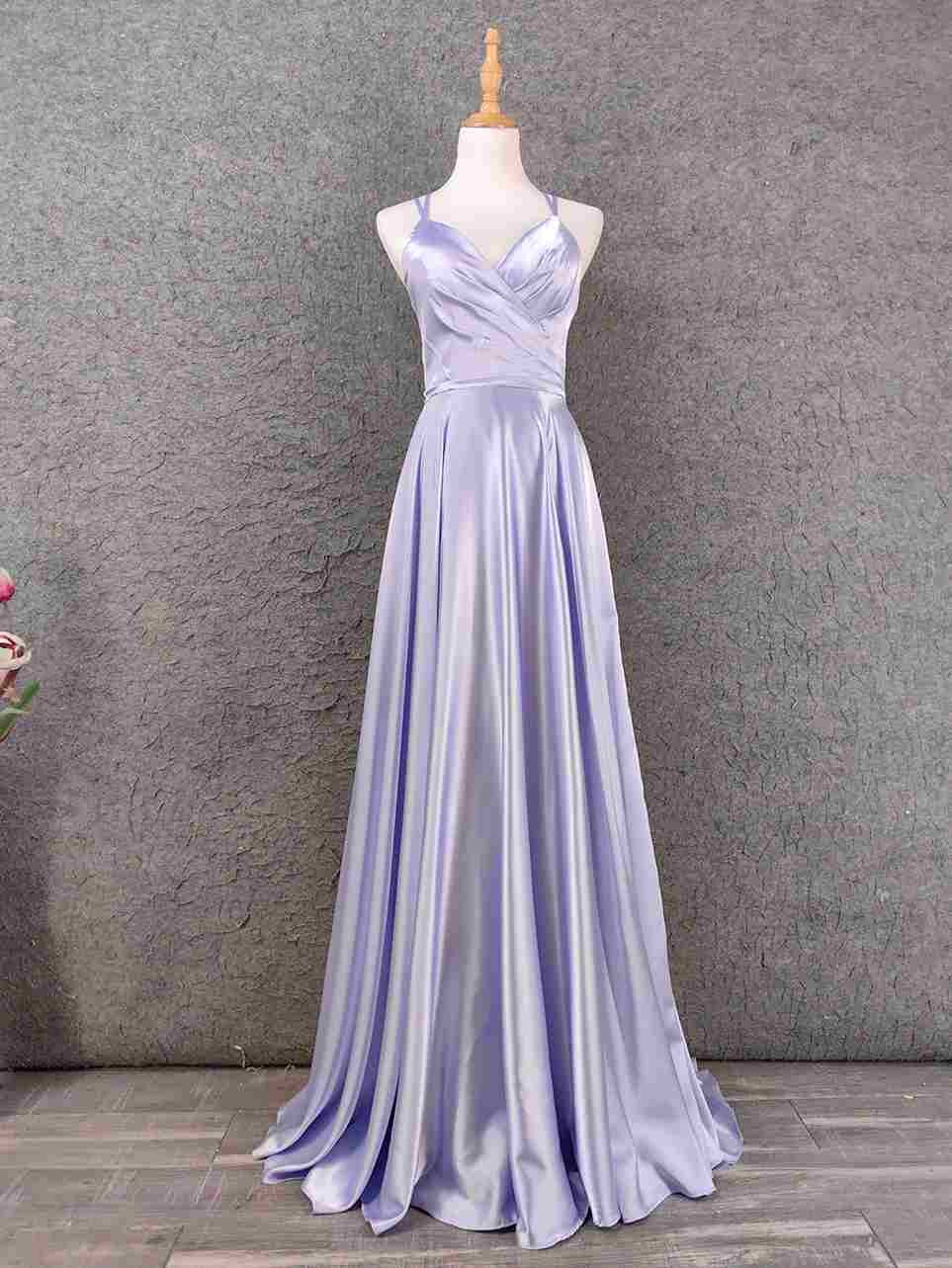 Modern Lilac Bridesmaid Dress Shiny Satin Flowy Skirt