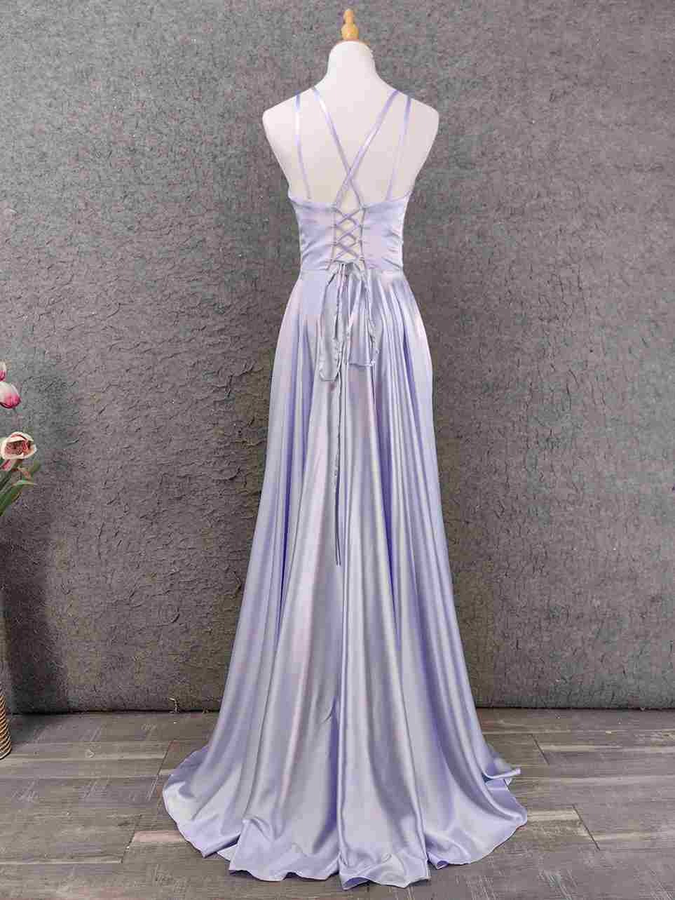 Modern Lilac Bridesmaid Dress Shiny Satin Flowy Skirt
