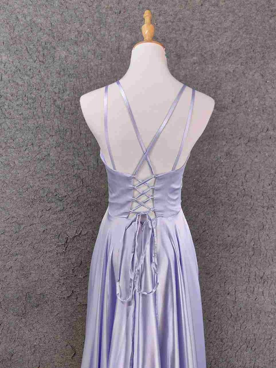 Modern Lilac Bridesmaid Dress Shiny Satin Flowy Skirt