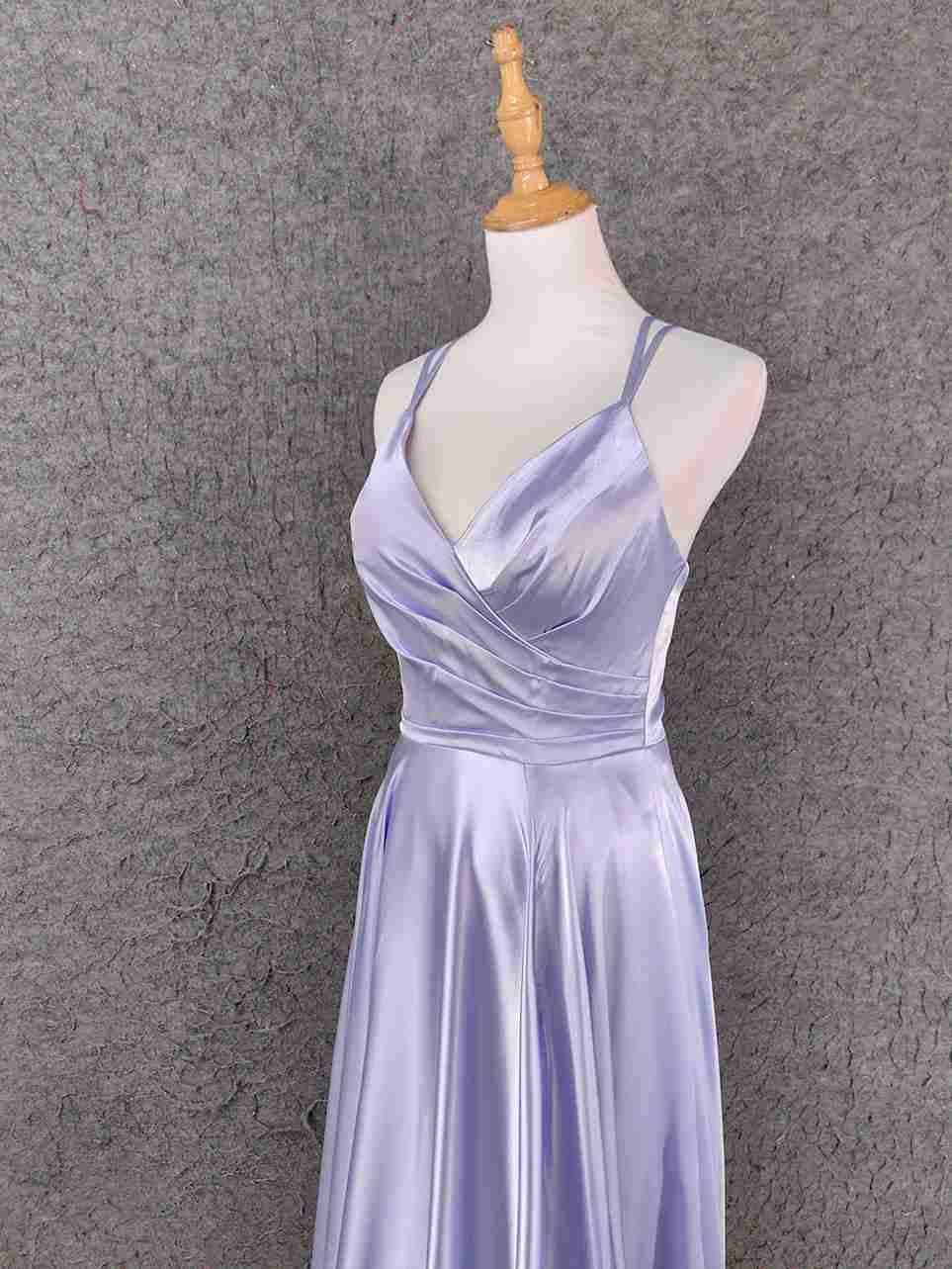 Modern Lilac Bridesmaid Dress Shiny Satin Flowy Skirt
