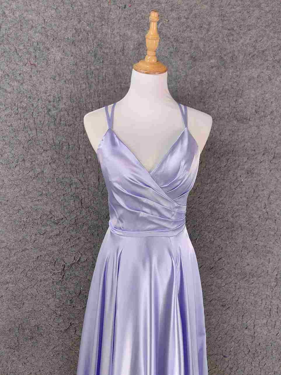 Modern Lilac Bridesmaid Dress Shiny Satin Flowy Skirt