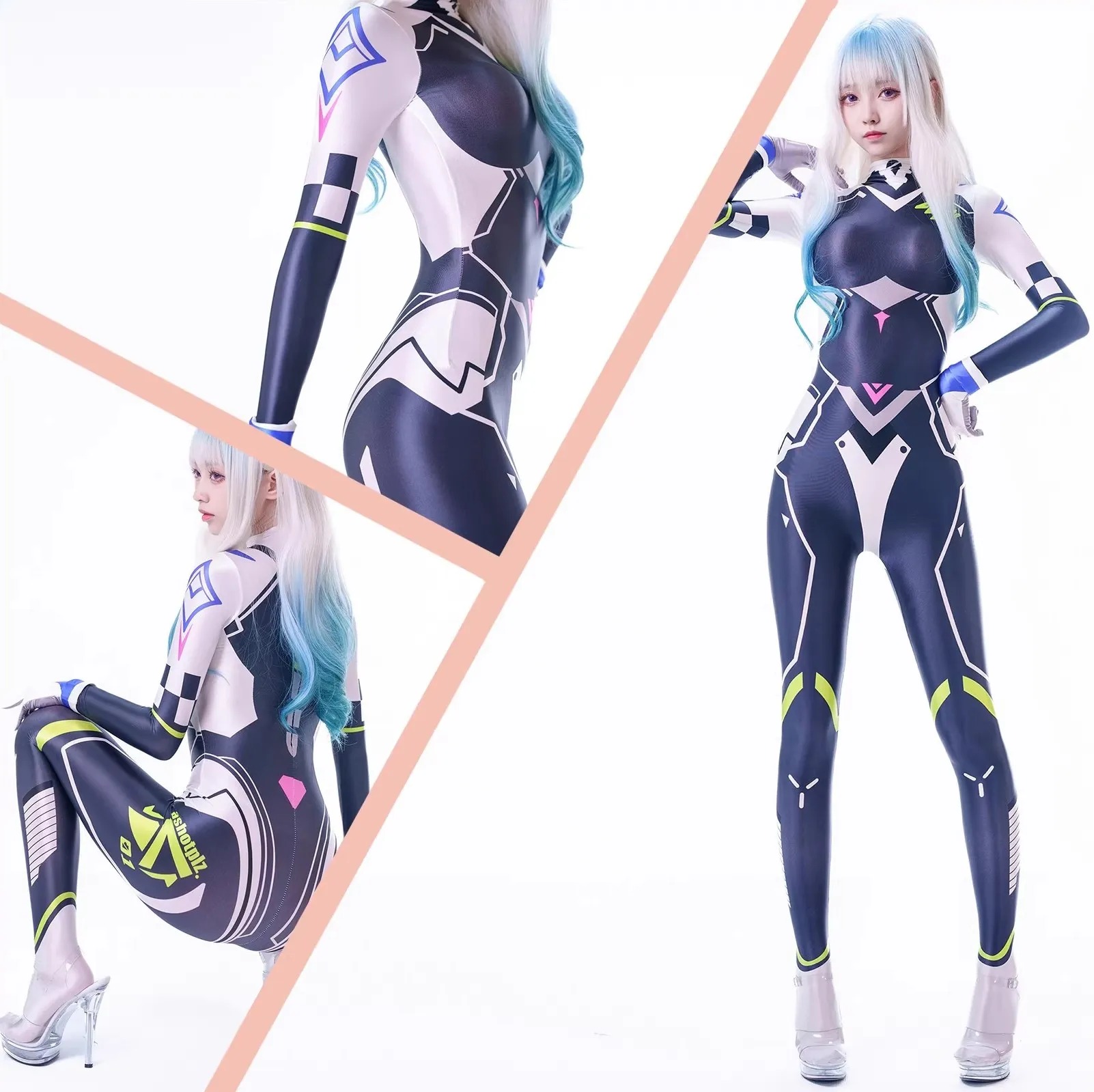 Zentai Suit Wanita Futuristic Style Long-Sleeved Full Body Satin Glossy Casual Body Jumpsuit with Gloves