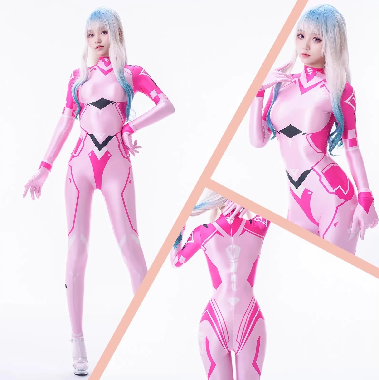 Zentai Suit Wanita Futuristic Style Long-Sleeved Full Body Satin Glossy Casual Body Jumpsuit with Gloves