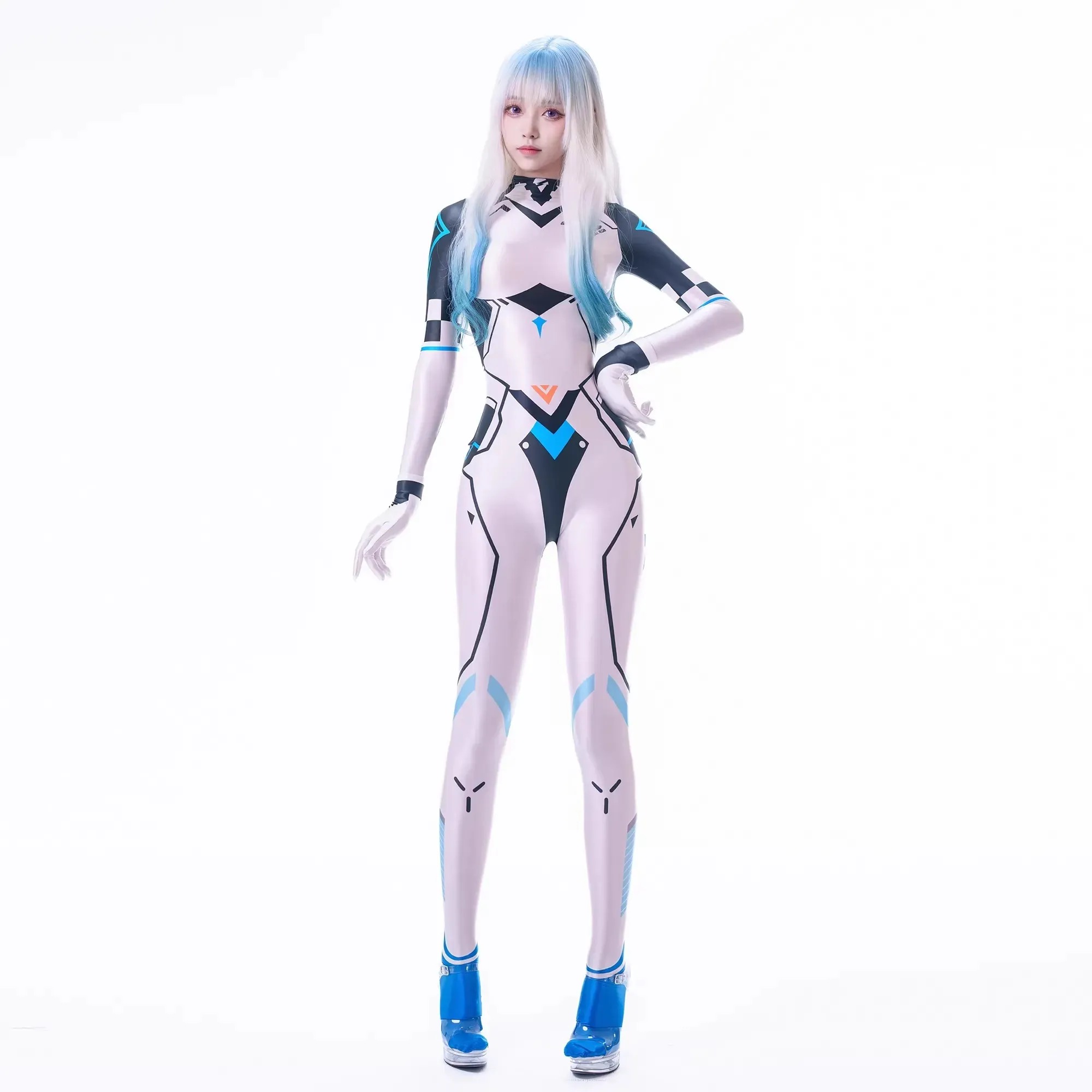 Zentai Suit Wanita Futuristic Style Long-Sleeved Full Body Satin Glossy Casual Body Jumpsuit with Gloves