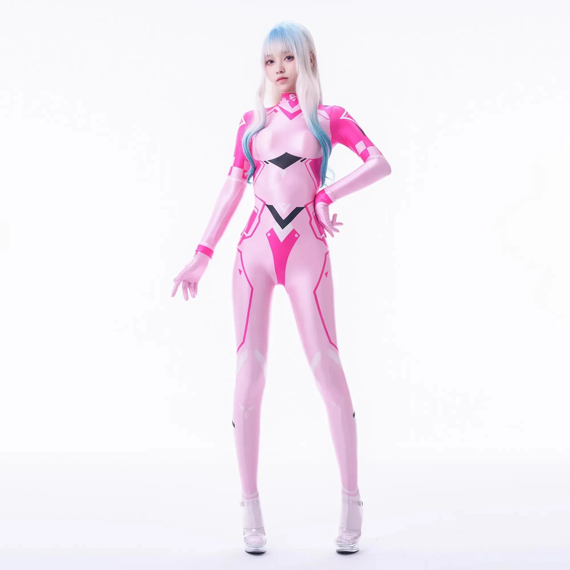 Zentai Suit Wanita Futuristic Style Long-Sleeved Full Body Satin Glossy Casual Body Jumpsuit with Gloves
