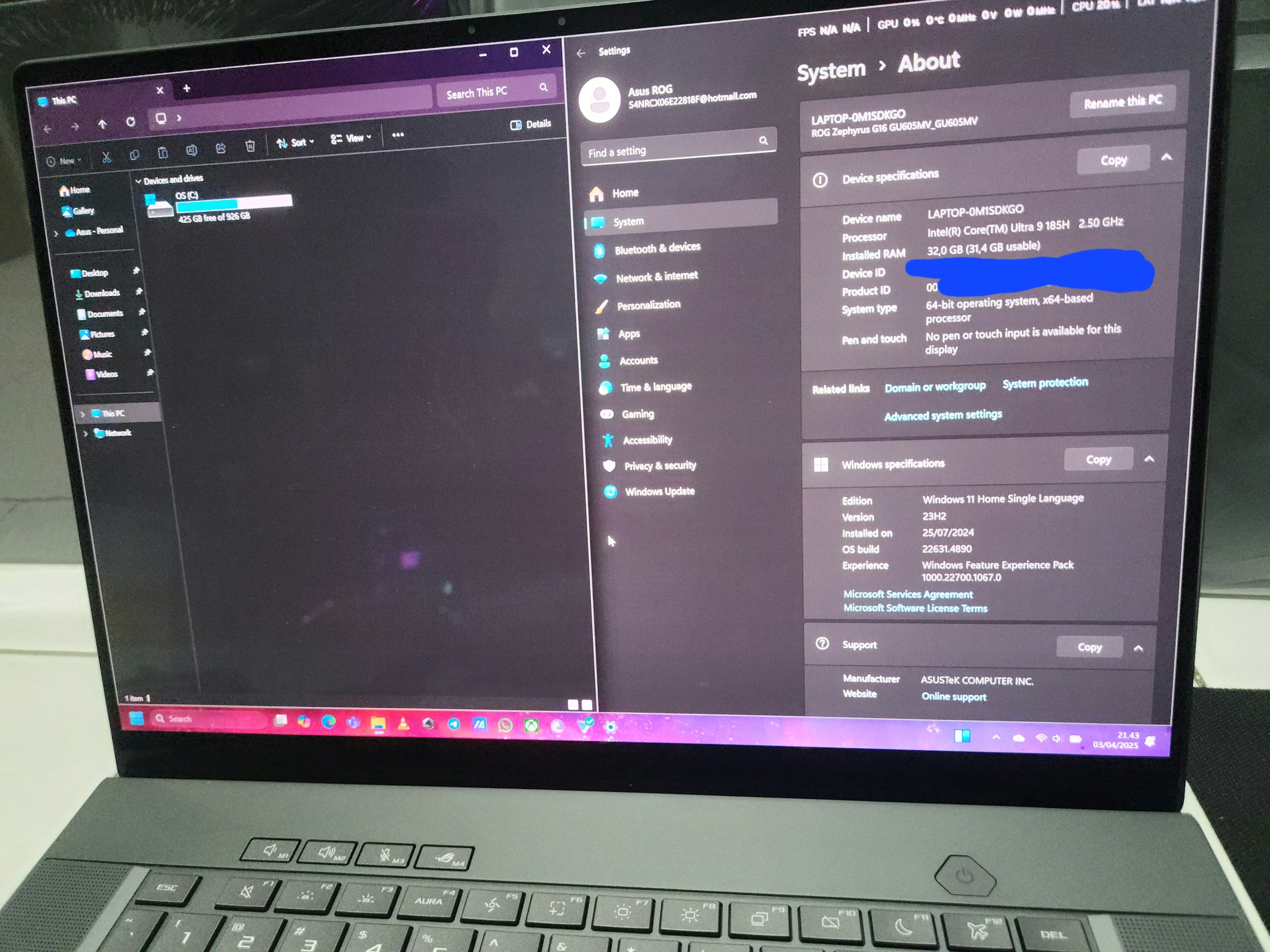 [READY STOCK ITEM] (Kondisi Bekas) ASUS ROG Zephyrus G16 GU605MV OLED NEBULA DISPLAY 16 Inch QHD 240Hz GeForce RTX 4060 - ULTRA 9 185H SSD 1TB RAM 32GB