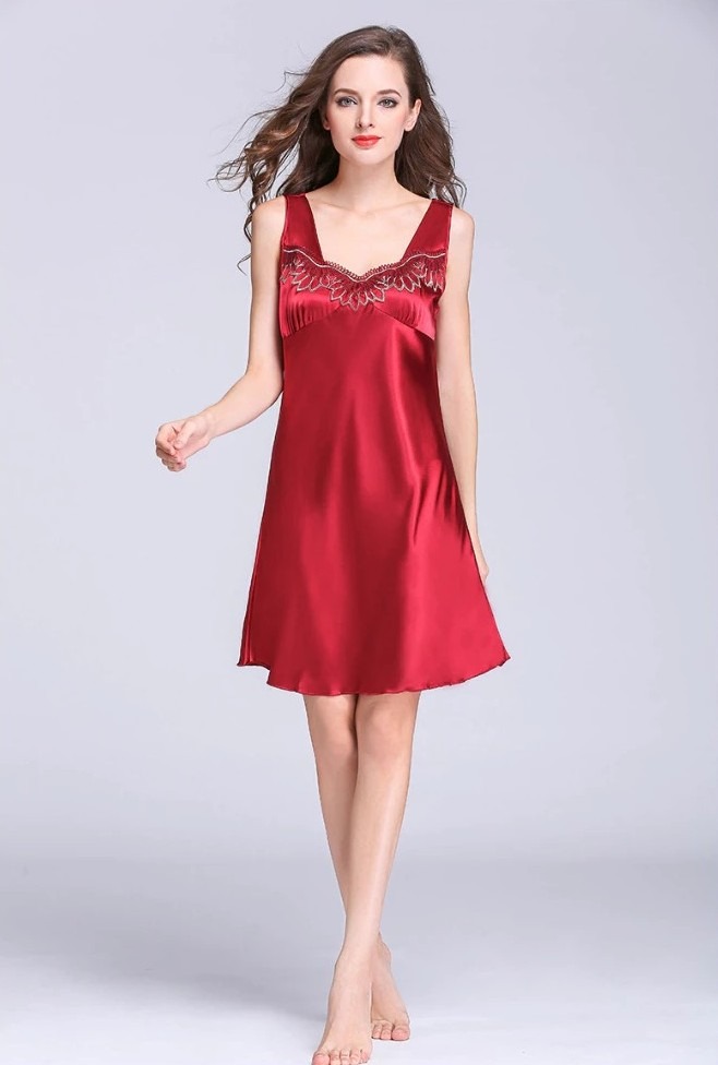 [READY STOCK ITEM] Sleeveless Satin Nightgown with Lace Detail - Red