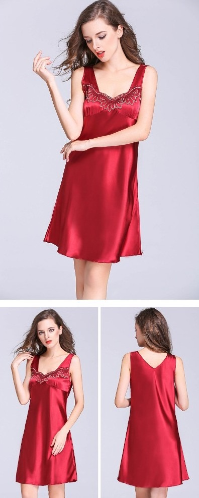 [READY STOCK ITEM] Sleeveless Satin Nightgown with Lace Detail - Red