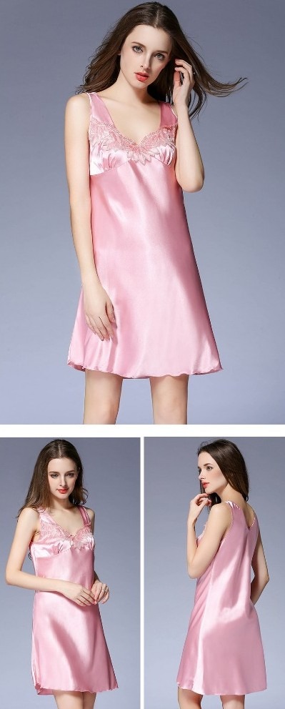 [READY STOCK ITEM] Sleeveless Satin Nightgown with Lace Detail - Soft Pink