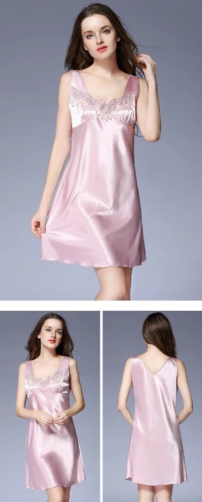 [READY STOCK ITEM] Sleeveless Satin Nightgown with Lace Detail - Lavender