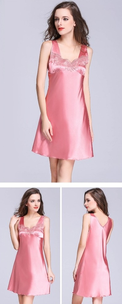 [READY STOCK ITEM] Sleeveless Satin Nightgown with Lace Detail - Pink
