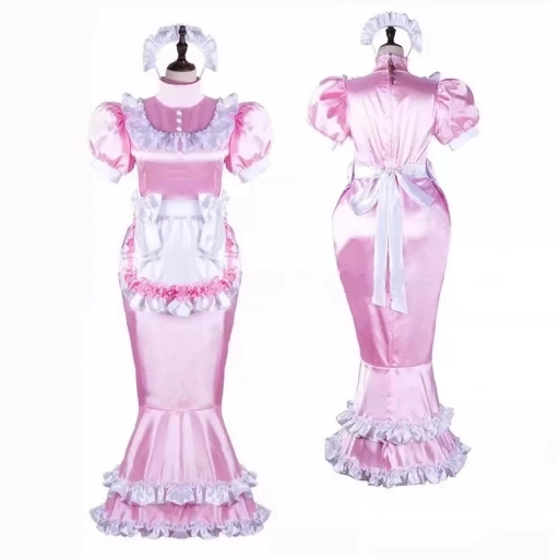 Image of Premium Maid Dress Pink Satin Cosplay Anime Gaun Panjang