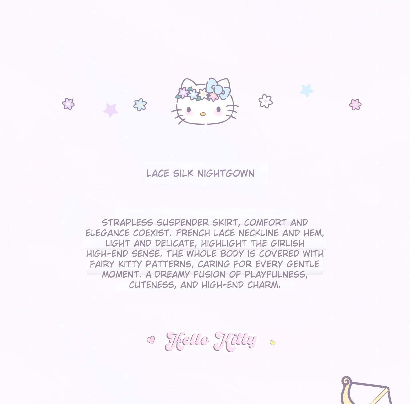 Silk Camisole Nightgown, a collaboration with Hello Kitty, featuring 100% mulberry silk 22 Momme lace and a sexy design By Silky Miracle X Hello Kitty