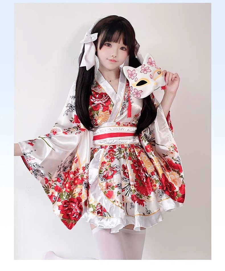 Costume Japanese Satin Kimono Style Mini Dress with Floral Print