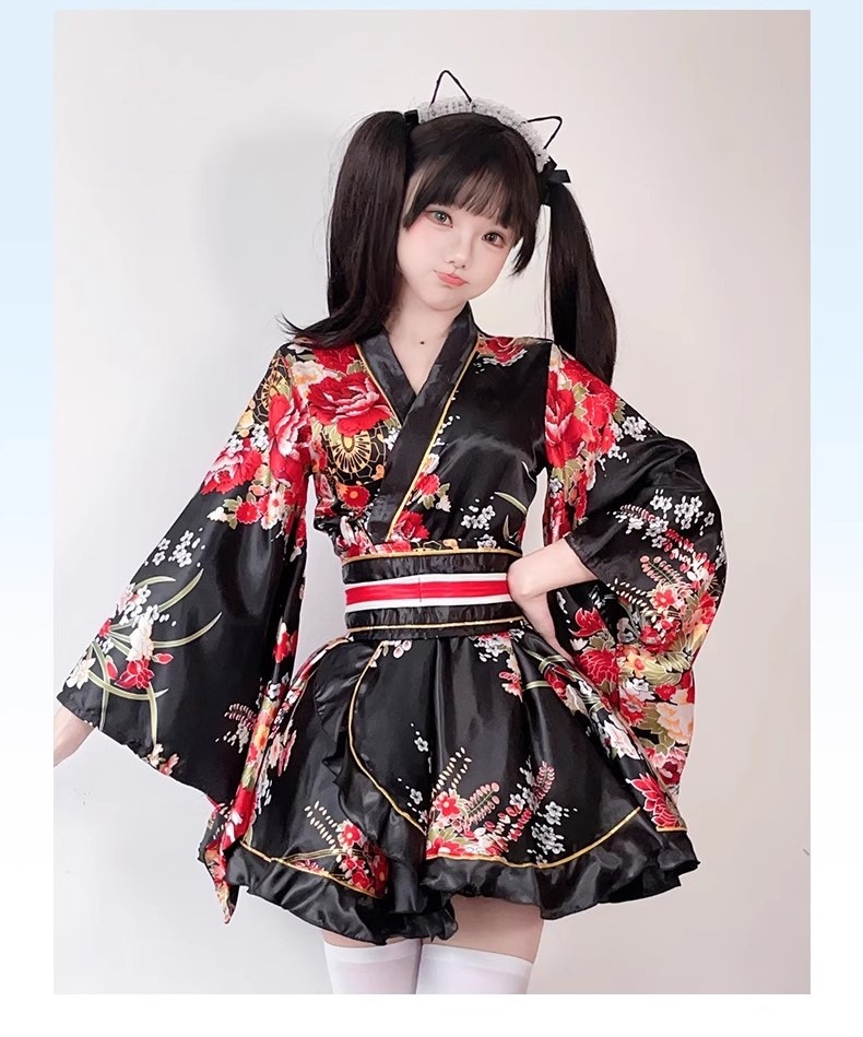 Costume Japanese Satin Kimono Style Mini Dress with Floral Print
