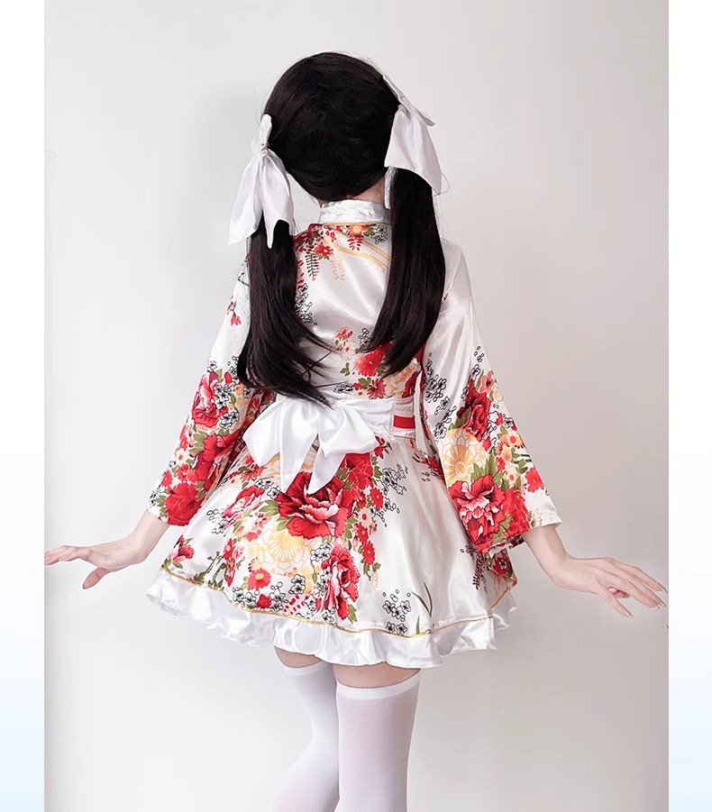 Costume Japanese Satin Kimono Style Mini Dress with Floral Print